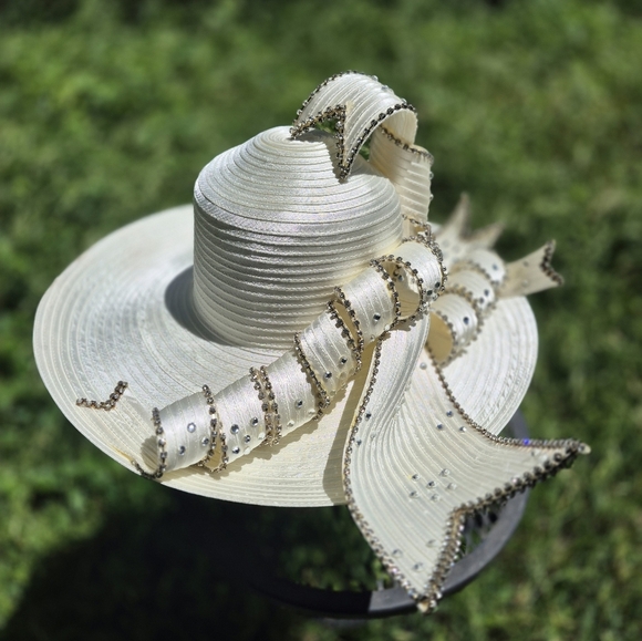 lisa rene Accessories - Ivory Women's Hat Rhinstone Pin Ribbon Church Derby Tea Summer Wedding Wide Brim